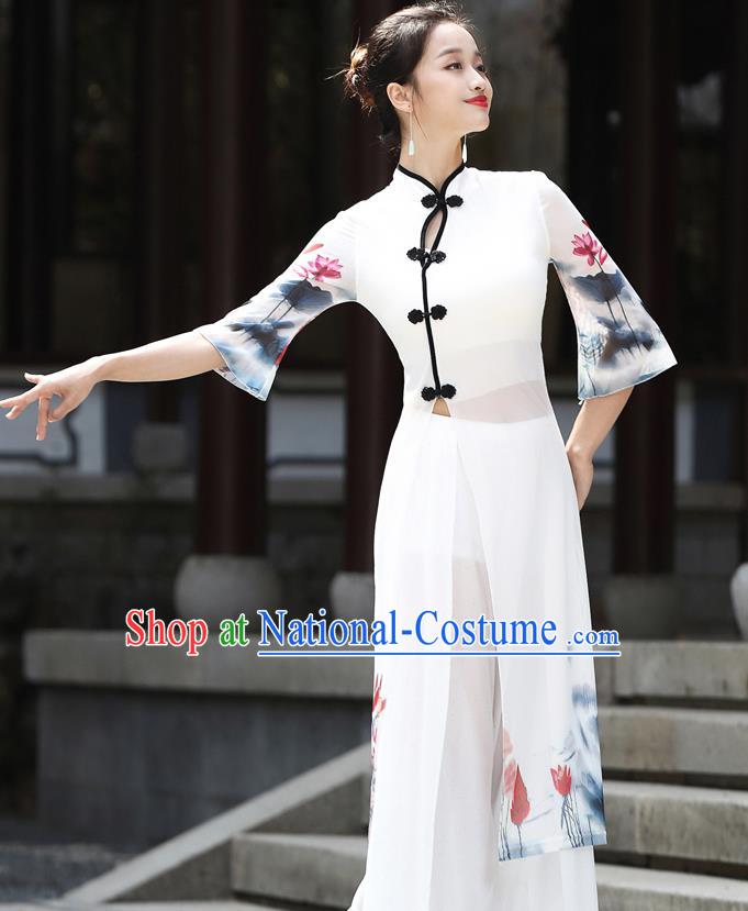 China Stage Performance Dancewear Classical Dance Clothing Ink Painting Lotus White Top Dress