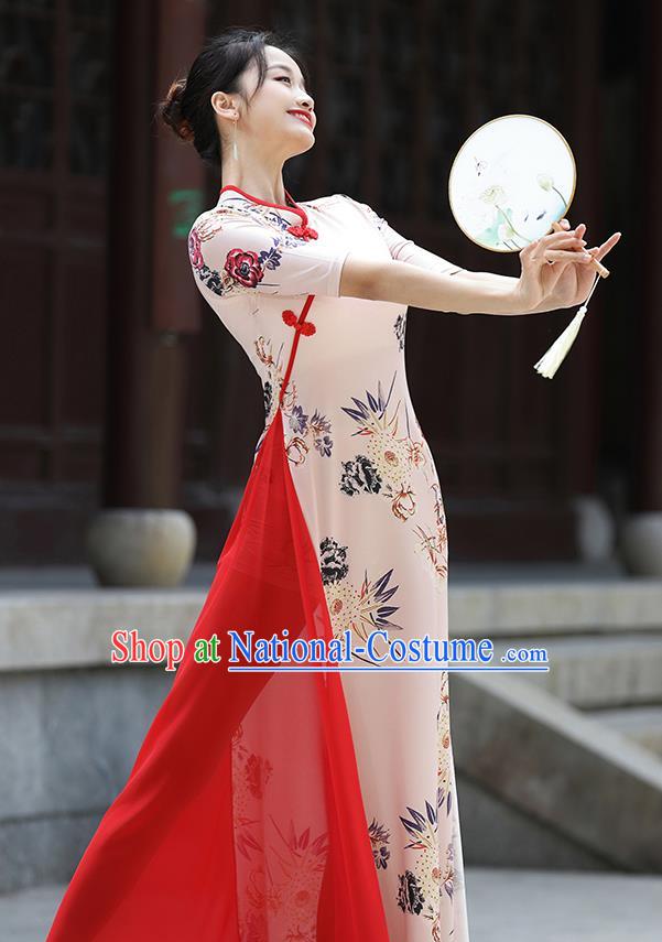 China Classical Dance Clothing Palace Fan Dance Printing Qipao Dress Stage Performance Dancewear