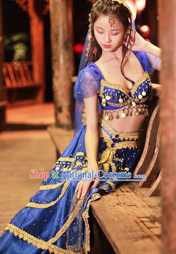 Traditional Belly Dance Uniforms Asian Bollywood Performance Clothing Indian Jasmine Princess Royalblue Sequins Blouse and Skirt