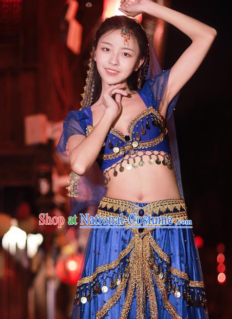 Traditional Belly Dance Uniforms Asian Bollywood Performance Clothing Indian Jasmine Princess Royalblue Sequins Blouse and Skirt