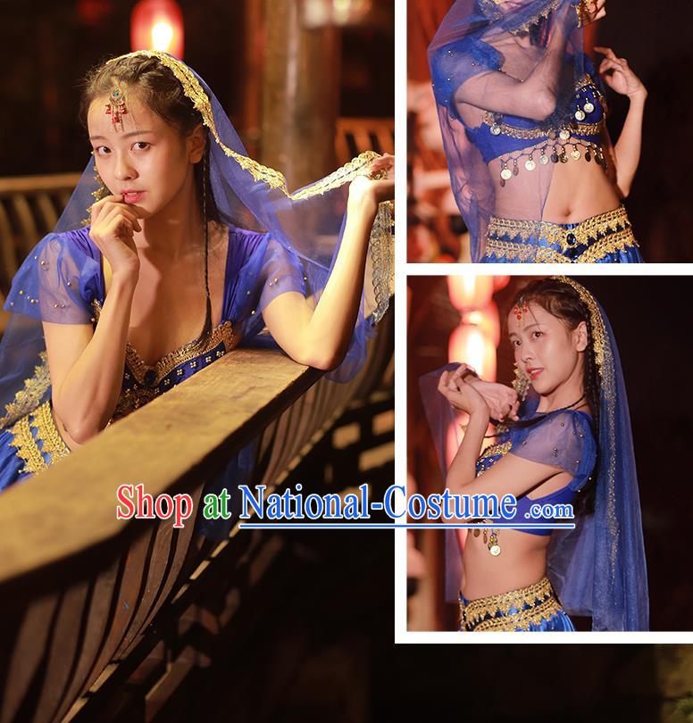 Traditional Belly Dance Uniforms Asian Bollywood Performance Clothing Indian Jasmine Princess Royalblue Sequins Blouse and Skirt