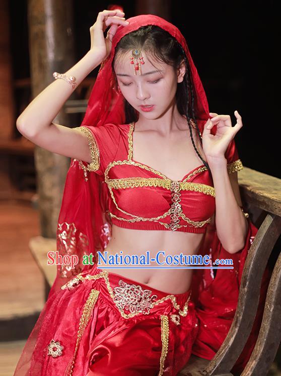 Asian Bollywood Performance Clothing Indian Jasmine Princess Red Sequins Blouse and Skirt Traditional Belly Dance Uniforms