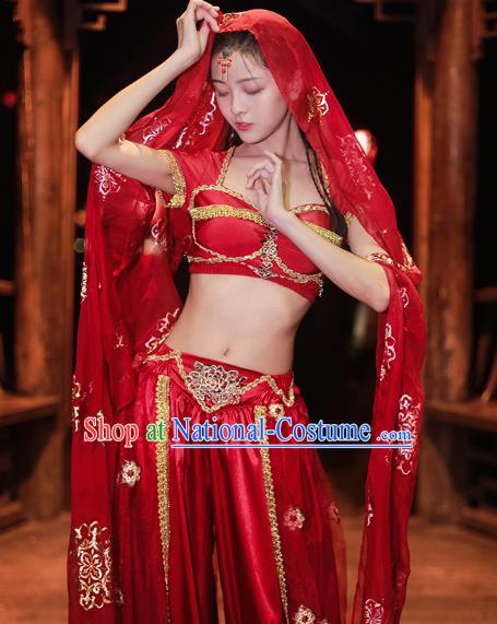 Asian Bollywood Performance Clothing Indian Jasmine Princess Red Sequins Blouse and Skirt Traditional Belly Dance Uniforms