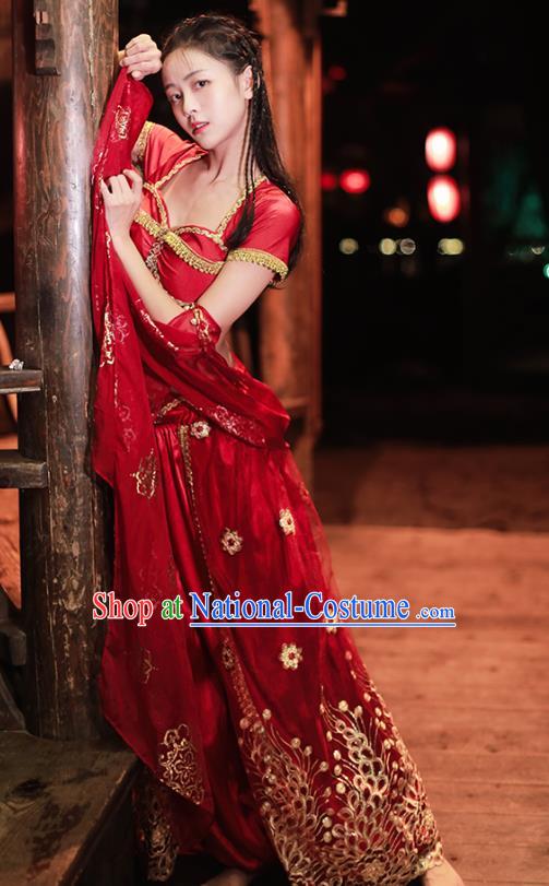 Asian Bollywood Performance Clothing Indian Jasmine Princess Red Sequins Blouse and Skirt Traditional Belly Dance Uniforms