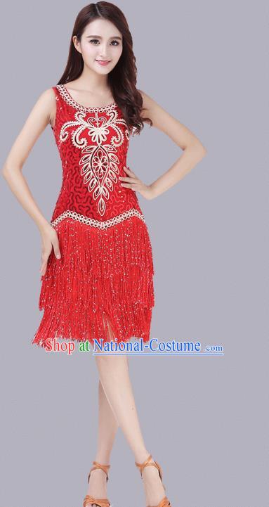 Top Modern Dance Competition Clothing Latin Dance Red Tassel Dress Stage Performance Dancewear