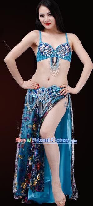 Asian Stage Performance Uniforms Indian Belly Dance Costumes Oriental Dance Blue Bra and Skirt