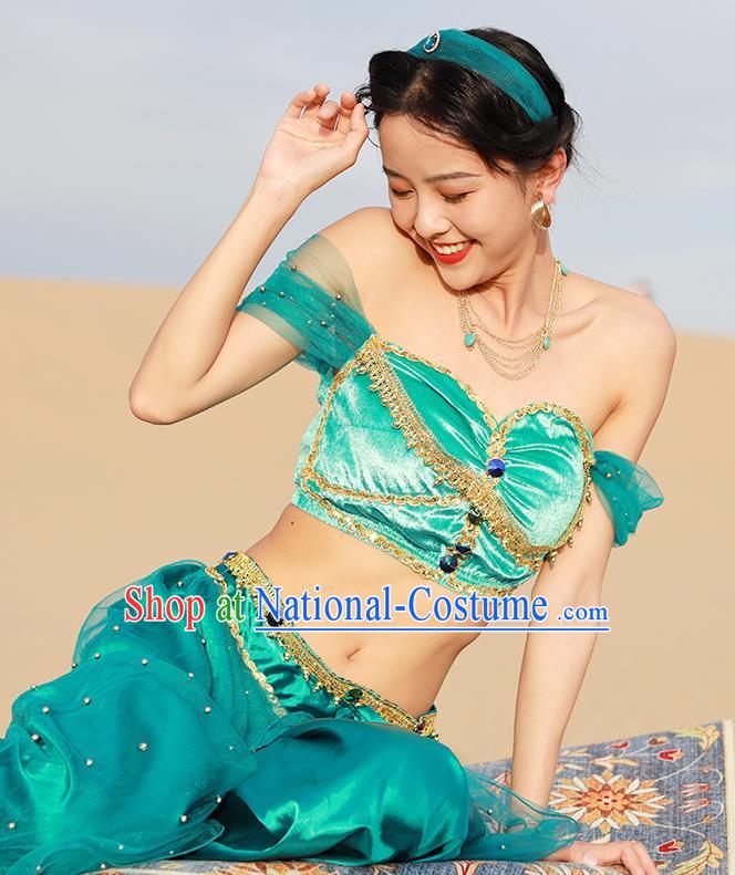 Asian Belly Dance Uniforms Bollywood Jasmine Princess Clothing Indian Dance Performance Green Top and Pants