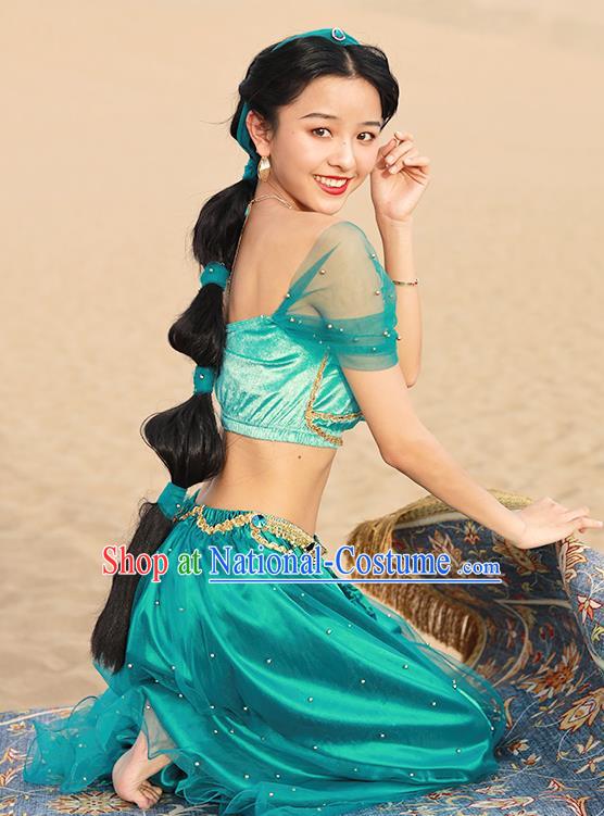 Asian Belly Dance Uniforms Bollywood Jasmine Princess Clothing Indian Dance Performance Green Top and Pants