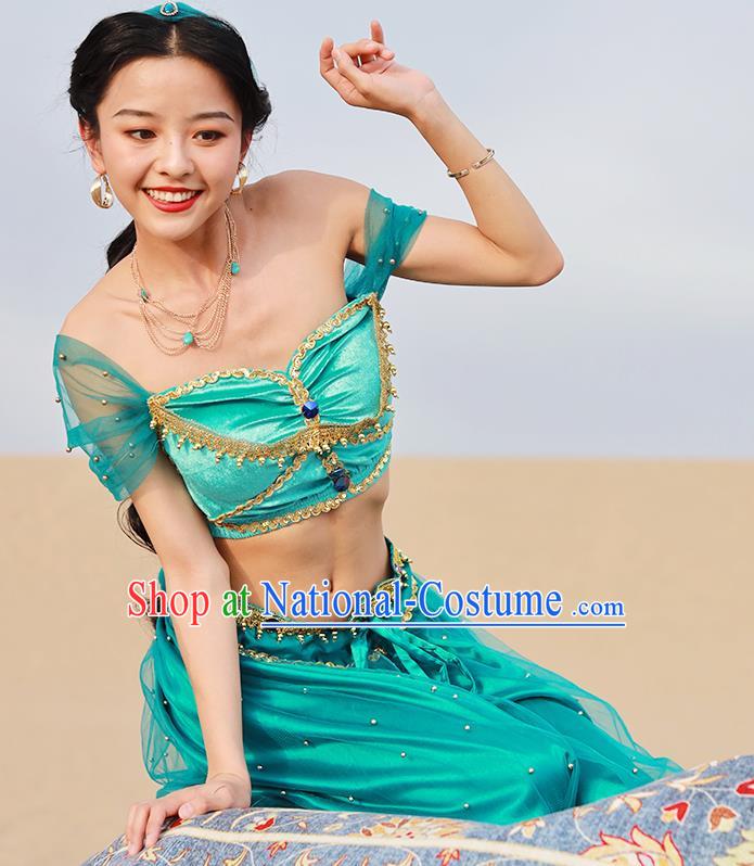 Asian Belly Dance Uniforms Bollywood Jasmine Princess Clothing Indian Dance Performance Green Top and Pants