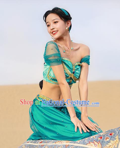 Asian Belly Dance Uniforms Bollywood Jasmine Princess Clothing Indian Dance Performance Green Top and Pants