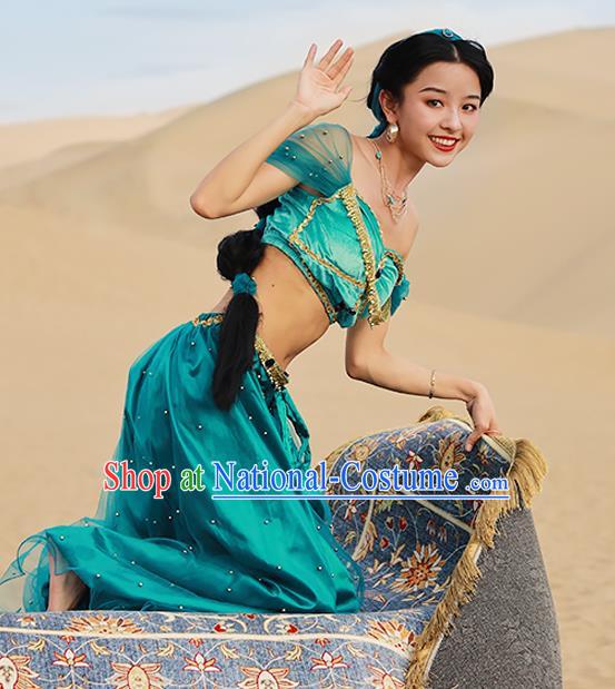 Asian Belly Dance Uniforms Bollywood Jasmine Princess Clothing Indian Dance Performance Green Top and Pants