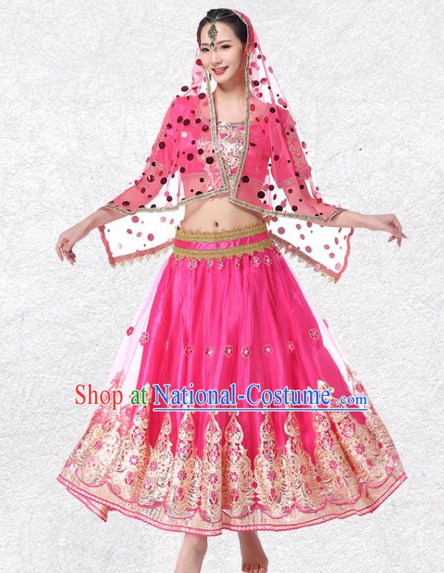 Asian Performance Costume Embroidered Rosy Blouse and Skirt Indian Bollywood Dance Dress Belly Dance Clothing