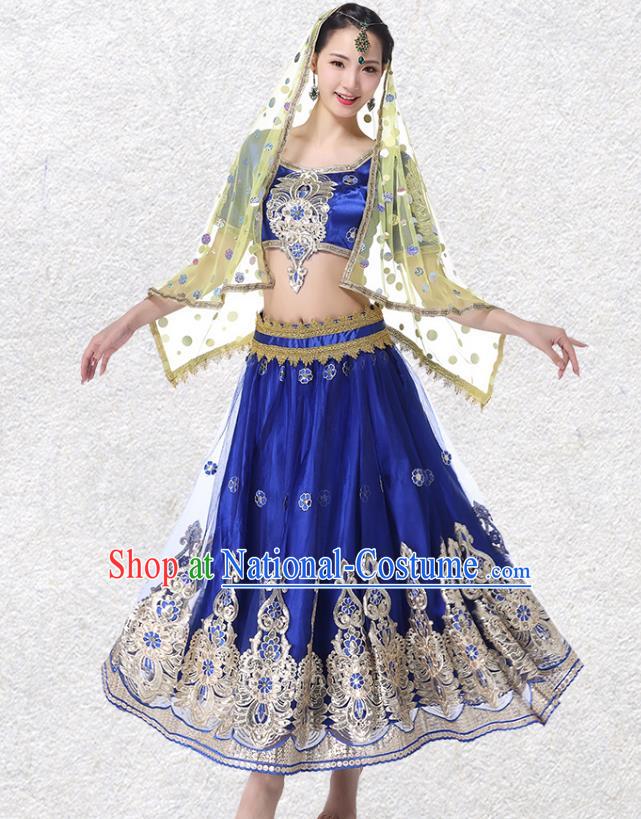 Asian Belly Dance Performance Costume Embroidered Royalblue Blouse and Skirt Indian Bollywood Dance Dress Clothing