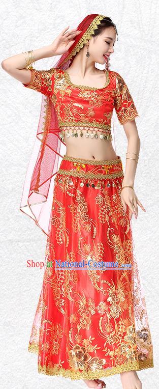 Asian Bollywood Performance Costume Embroidered Red Blouse and Skirt Indian Dance Dress Clothing