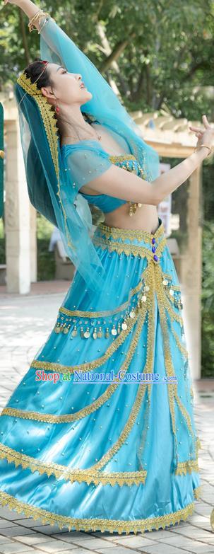 Asian Bollywood Jasmine Princess Clothing Indian Dance Performance Top and Skirt Belly Dance Blue Uniforms