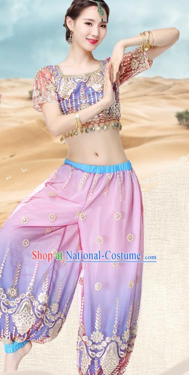 Indian Stage Performance Blue Blouse and Pink Pants Traditional Dance Dress Asian Belly Dance Costume