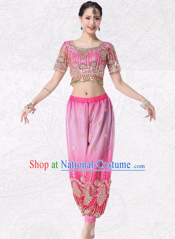 Asian Belly Dance Costume Indian Stage Performance Pink Blouse and Pink Pants Traditional Dance Dress