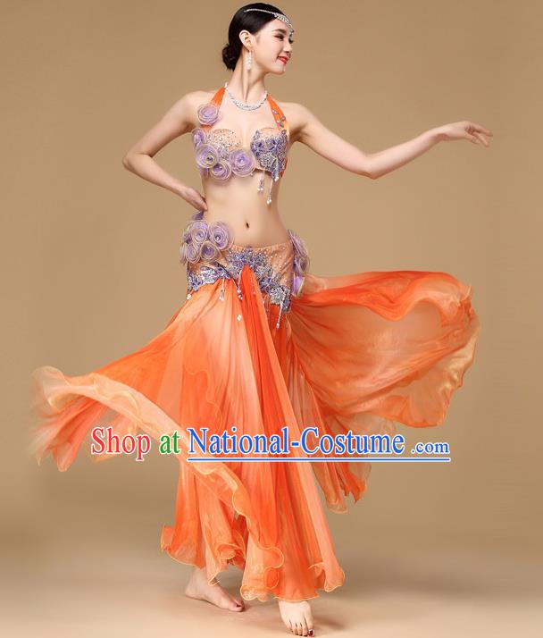 Indian Belly Dance Performance Bra and Orange Skirt Asian Oriental Dance Dress Clothing