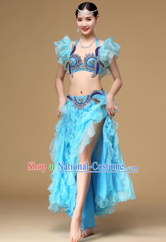 Asian Oriental Dance Blue Uniforms Indian Dance Sexy Clothing Belly Dance Performance Bra and Skirt