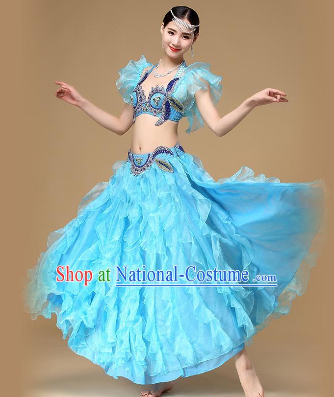 Asian Oriental Dance Blue Uniforms Indian Dance Sexy Clothing Belly Dance Performance Bra and Skirt