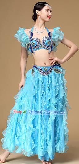 Asian Oriental Dance Blue Uniforms Indian Dance Sexy Clothing Belly Dance Performance Bra and Skirt