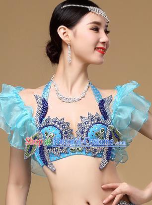 Asian Oriental Dance Blue Uniforms Indian Dance Sexy Clothing Belly Dance Performance Bra and Skirt