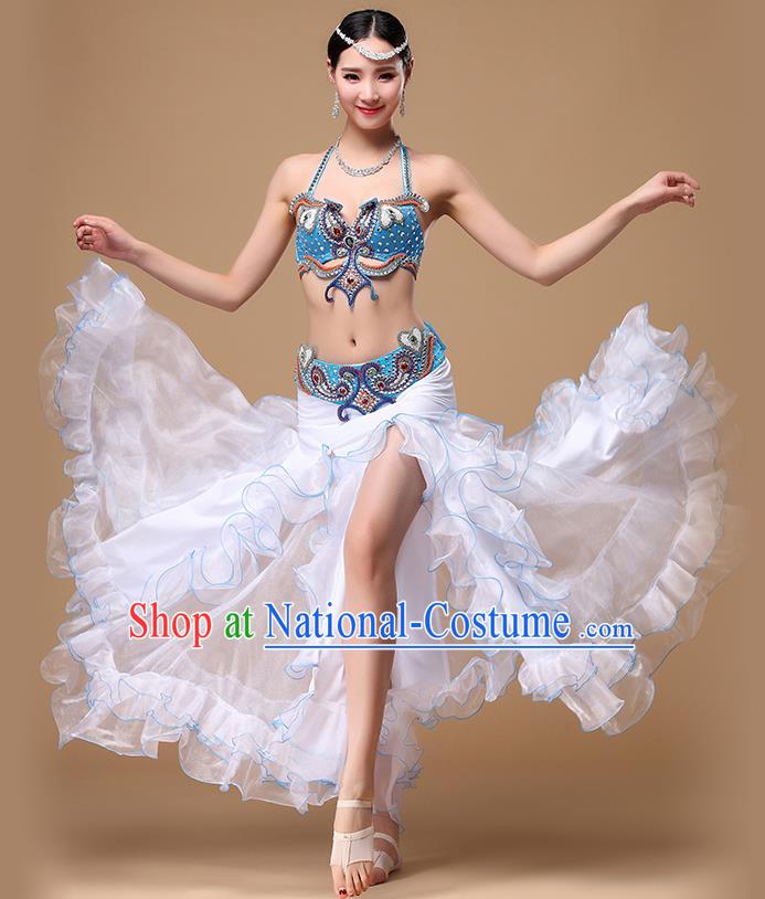 Indian Traditional Stage Performance Blue Bra and Fishtail Skirt Belly Dance Uniforms Asian Oriental Dance Clothing