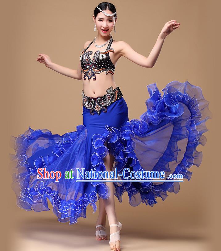 Asian Oriental Dance Clothing Indian Traditional Stage Performance Black Bra and Royalblue Fishtail Skirt Belly Dance Uniforms