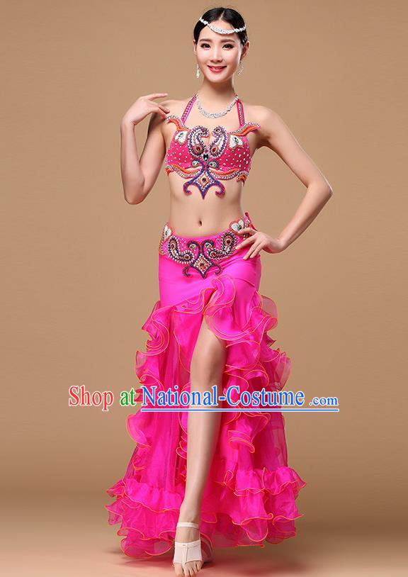 Asian Belly Dance Rosy Uniforms Oriental Dance Clothing Indian Traditional Stage Performance Bra and Fishtail Skirt