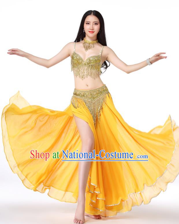 Asian Performance Golden Tassel Bra and Skirt Indian Traditional Belly Dance Uniforms Oriental Dance Costumes