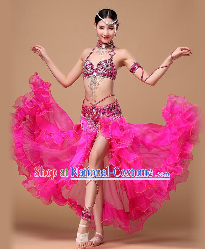 Indian Traditional Belly Dance Rosy Uniforms Asian Oriental Dance Costumes Performance Beads Tassel Bra and Skirt