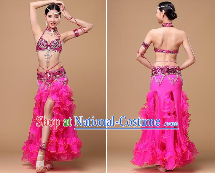 Indian Traditional Belly Dance Rosy Uniforms Asian Oriental Dance Costumes Performance Beads Tassel Bra and Skirt