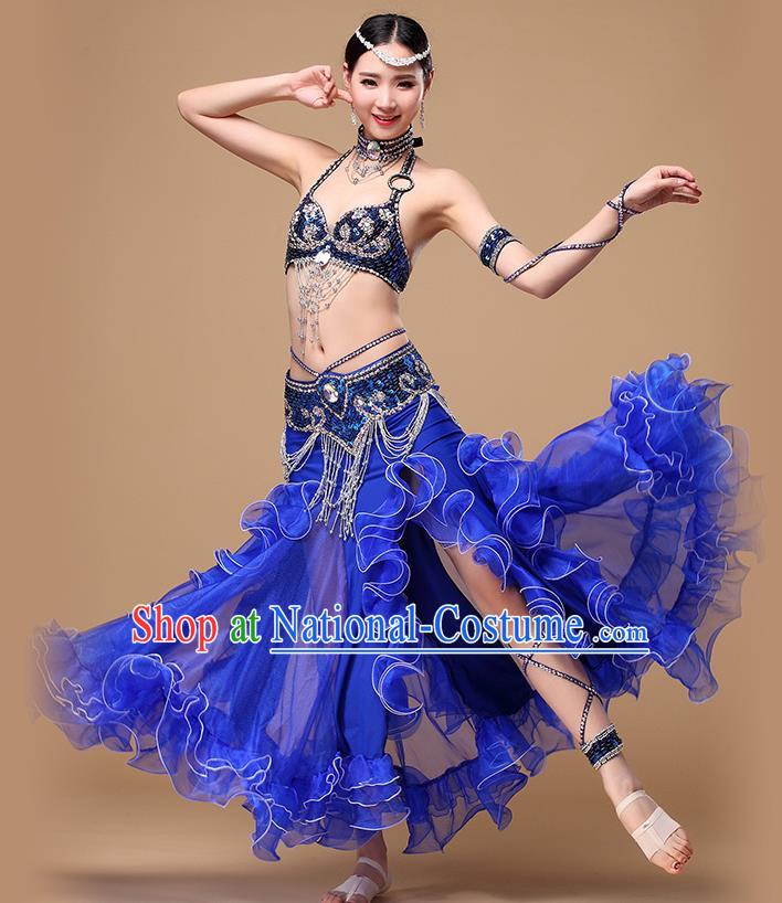 Asian Oriental Dance Costumes Indian Performance Beads Tassel Bra and Skirt Traditional Belly Dance Royalblue Uniforms