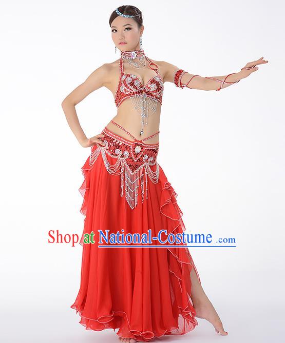 Traditional Indian Belly Dance Performance Red Bra and Skirt Uniforms Asian Oriental Dance Dress Costume