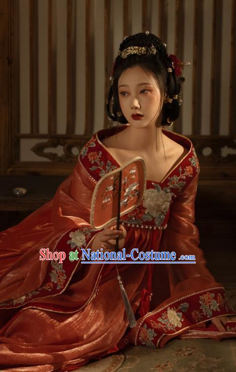 China Traditional Jin Dynasty Imperial Concubine Historical Clothing Ancient Court Woman Red Hanfu Dress Garments