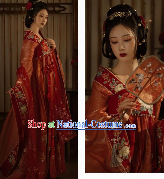 China Traditional Jin Dynasty Imperial Concubine Historical Clothing Ancient Court Woman Red Hanfu Dress Garments