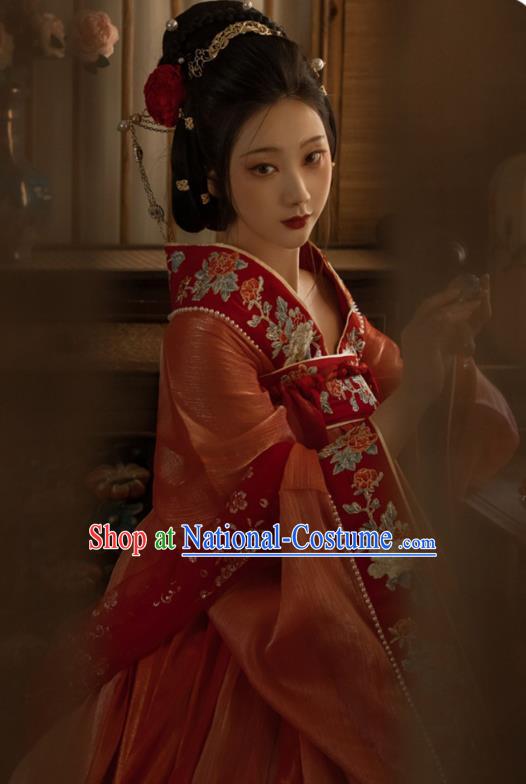 China Traditional Jin Dynasty Imperial Concubine Historical Clothing Ancient Court Woman Red Hanfu Dress Garments