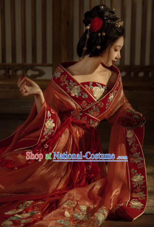 China Traditional Jin Dynasty Imperial Concubine Historical Clothing Ancient Court Woman Red Hanfu Dress Garments