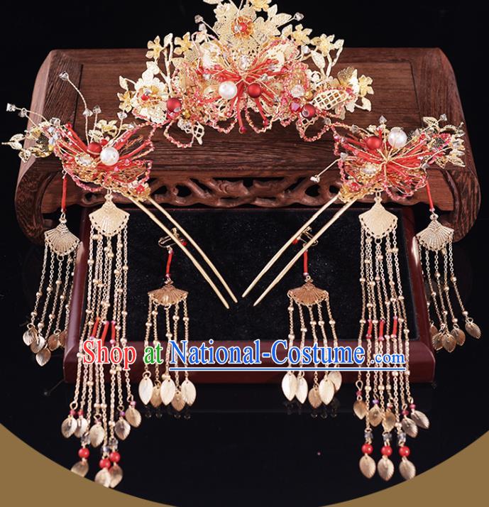 Chinese Traditional Wedding Hair Accessories Classical Xiuhe Suit Hair Crown and Tassel Hairpins Bride Headdress