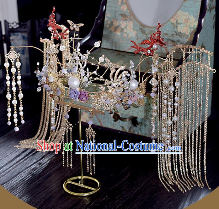 Chinese Classical Tassel Phoenix Coronet Bride Headdress Traditional Wedding Hair Accessories Xiuhe Suit Hair Crown