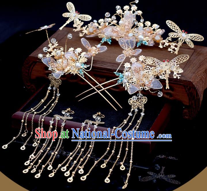 Chinese Traditional Wedding Hair Accessories Xiuhe Suit Golden Dragonfly Hair Comb Hairpins Classical Bride Headdress