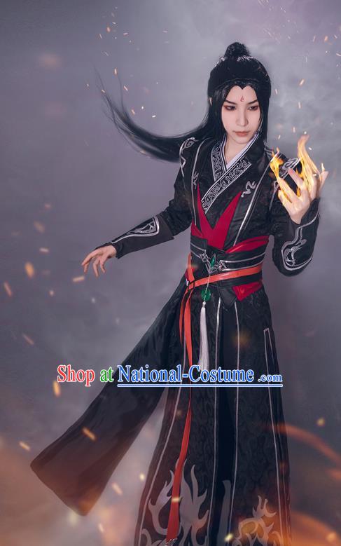 Chinese Ancient Young Hero Black Clothing Cosplay Knight Apparels Han Dynasty Swordsman Garment Costumes