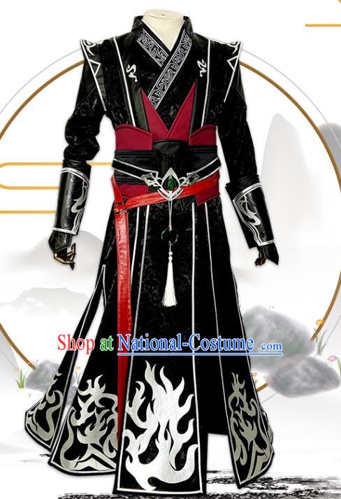 Chinese Ancient Young Hero Black Clothing Cosplay Knight Apparels Han Dynasty Swordsman Garment Costumes