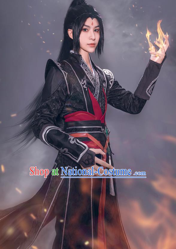 Chinese Ancient Young Hero Black Clothing Cosplay Knight Apparels Han Dynasty Swordsman Garment Costumes