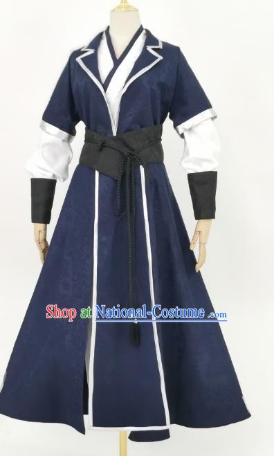 Chinese Qin Dynasty Knight Garment Costumes Ancient Swordsman Navy Clothing Cosplay Young Hero Mo Ran Apparels