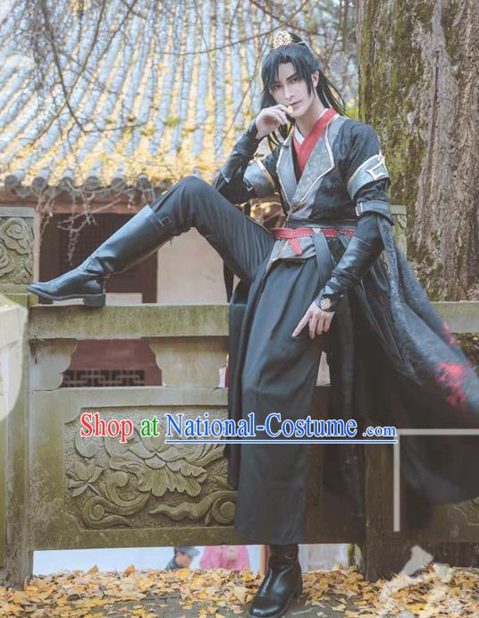 Chinese Cosplay Swordsman Helan Que Apparels Ancient Young Man Garment Costumes Qin Dynasty Knight Black Clothing