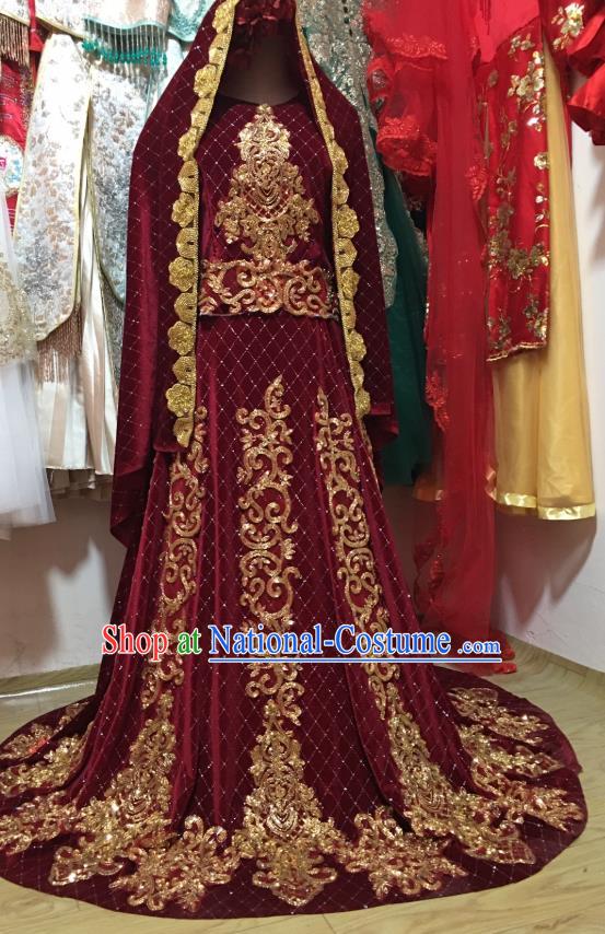 Asian India Bride Lehenga Dress Garment Indian Traditional Wedding Wine Red Velvet Clothing