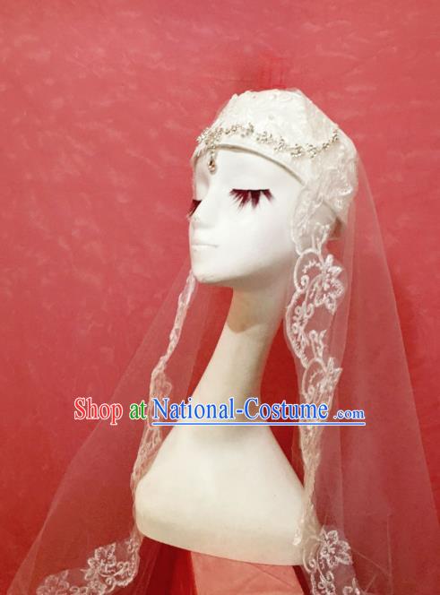 Chinese Traditional Hui Nationality Wedding Headdress Ethnic Bride Embroidered White Veil Hat