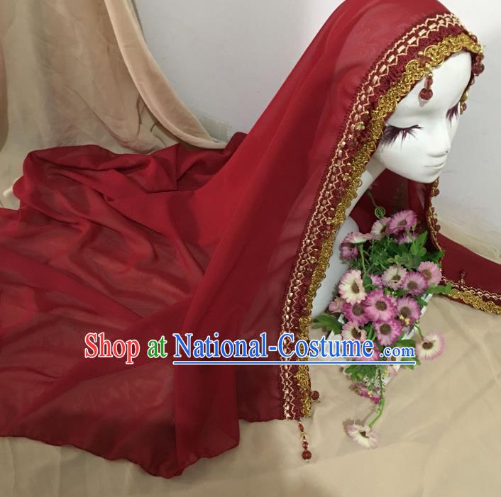 Chinese Ethnic Bride Wine Red Veil Traditional Hui Nationality Wedding Headdress