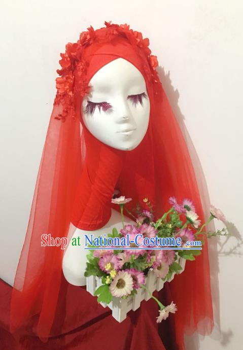 Chinese Traditional Hui Nationality Wedding Headdress Ethnic Bride Red Veil Headwear